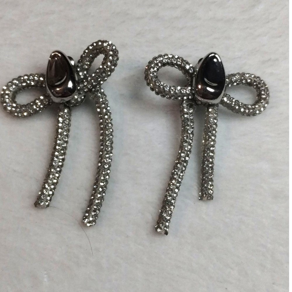 Silver Rhinestone Bow Drop‎ Earrings Sparkly Crystal Coquette Statement Jewelry